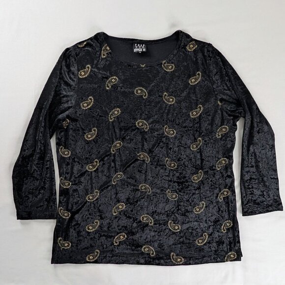 VTG Black Velvet Long Sleeve Gold Embroidered Paisley All Over Print Y2k Top - Picture 1 of 6